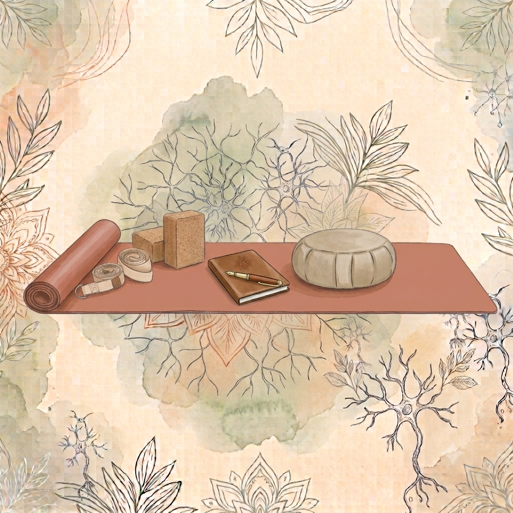 Aquarell-Illustration einer Yogamatte mit Notizbuch, Korkblöcken und Meditationskissen
