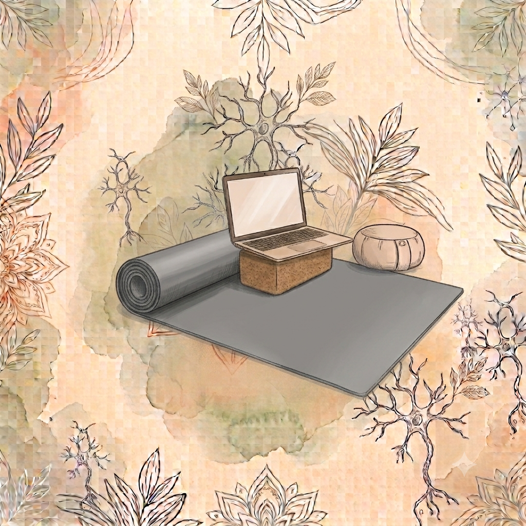 Aquarell-Illustration einer Yogamatte mit Laptop auf einem Korkblock und Meditationskissen