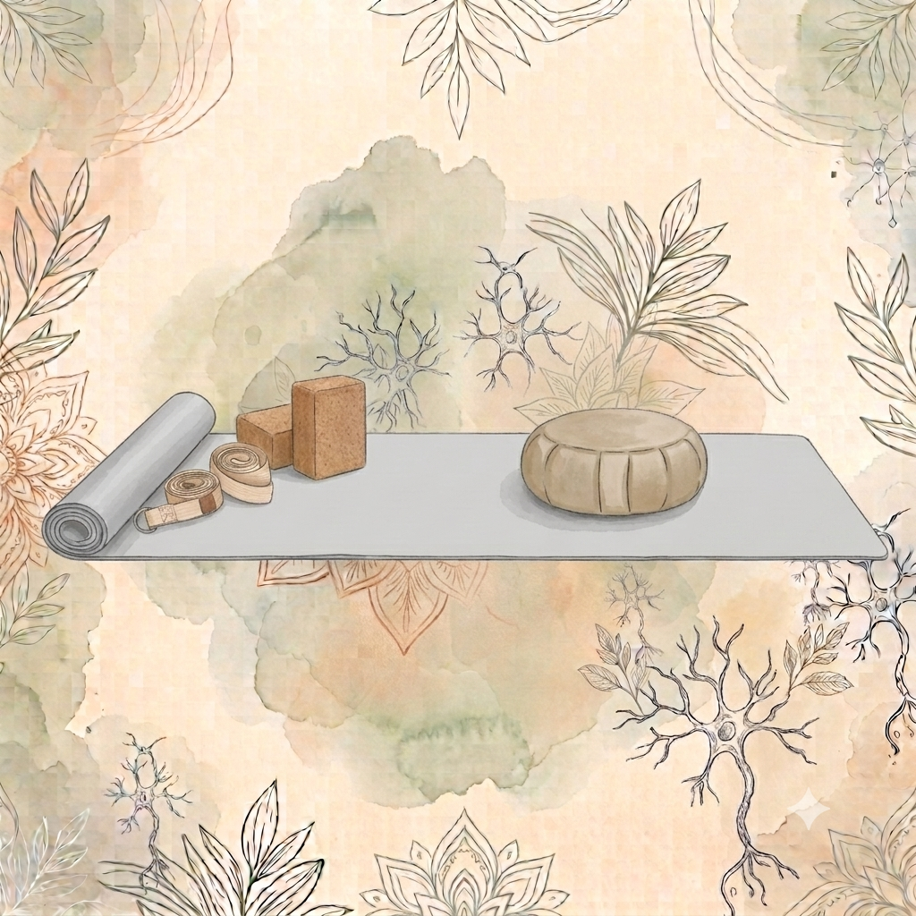 Aquarell-Illustration einer ausgerollten Yogamatte mit Gurten, Korkblöcken und Meditationskissen